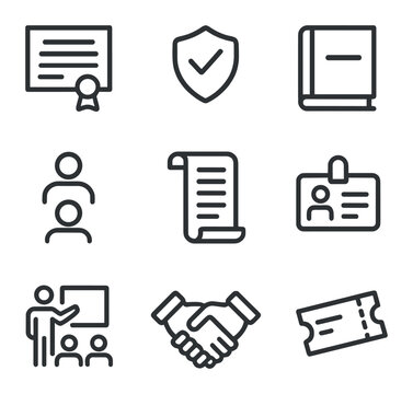 Counselor Icon Set. Outline icon set of counselor qualifications and credentials: diploma certificate, license badge, CEU book,
