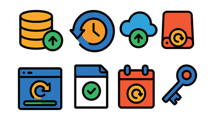 Flat vector icons of backup and recovery: data backup, restore point, cloud backup, recovery drive, restore process, backup status, backup schedule, recovery key.