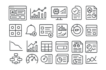 Line style icons of dashboards and AI monitoring: AI dashboard, real-time model stats, inference monitor, usage graph, accuracy report, confusion matrix tile, model drift alert, training status panel