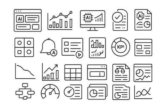 Line style icons of dashboards and AI monitoring: AI dashboard, real-time model stats, inference monitor, usage graph, accuracy report, confusion matrix tile, model drift alert, training status panel