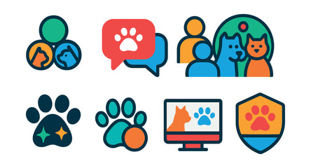 Flat vector icons of pet communities and social: pet community icon, pet group chat, pet owner forum, pet meet-up, social paws, friend paw print, online profile, community badge.