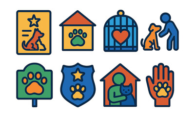 Flat vector icons of pet adoption and shelters: adoption certificate, animal shelter icon, cage with heart, meet & greet, adopt sign, rescue badge, foster icon, volunteer hand.