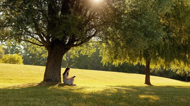 Young woman reading Bible under tree in sunlight, slow motion, spiritual moment in nature, prayer, faith, devotion, Christian lifestyle, peaceful outdoor scene, summer meadow