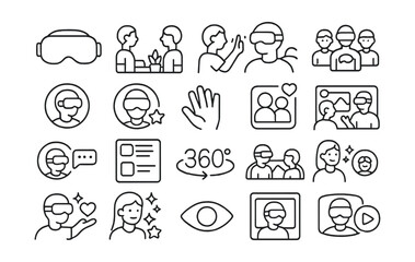 Fototapeta premium Line style icons of social VR environments and interaction: VR headset icon, virtual hangout scene, 3D avatar interaction, immersive post view, VR group chat, virtual story ring, motion hand icon, VR