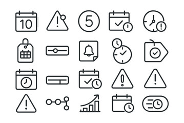 Line style icons of deadline management and scheduling: due date icon, urgent task alert, countdown badge, calendar check, overdue icon, weekly delivery tag, time tracker bar, task reminder tile,