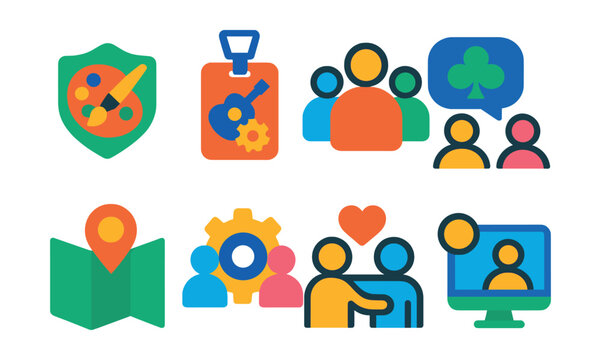 Flat vector icons of hobby community: hobby club icon, event badge, group icon, club chat, meet-up map, shared project, peer support, online hub.