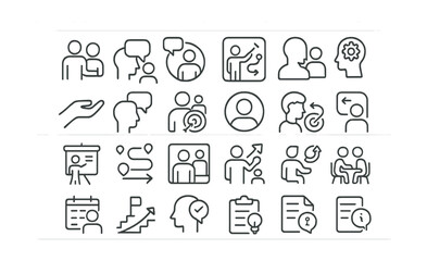 Line style icons of mentorship and professional guidance: mentor-mentee icon, coaching session tile, career feedback badge, roadmap help card, skill pairing icon, guidance hand tile, ask for help tag