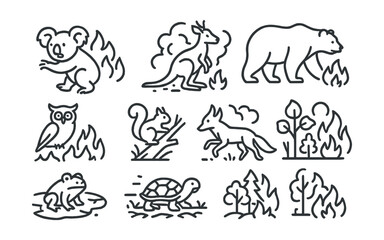Line style icons of animals affected by wildfires: koala fleeing fire, kangaroo in ash, deer in smoke, bear near flame, owl above fire line, squirrel on burnt tree, frog in dry pond, fox escaping