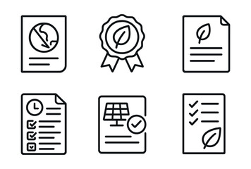 Line style icons of sustainable energy: net-zero report icon, sustainability certificate badge, eco-compliance document layout, yearly audit checklist, emission-free milestone card, verified green