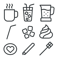 Cocoa Beverage Icons. Outline icon set of Cocoa beverages: steaming mug, iced chocolate glass, blender jug, straw, marshmallow