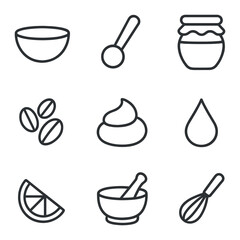 DIY Skincare Icons. Outline icon set of DIY skincare recipes: mixing bowl, measuring spoon, honey jar, oatmeal flakes, yogurt