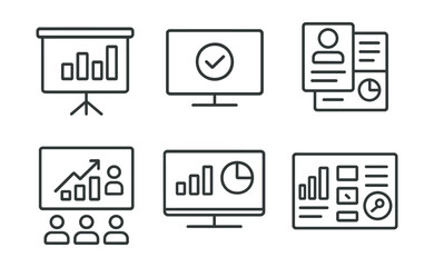 Line style icons of project management: presentation deck icon, pitch screen badge, slide order layout, team progress recap, dashboard in slideshow, visual highlights board, key metrics panel.