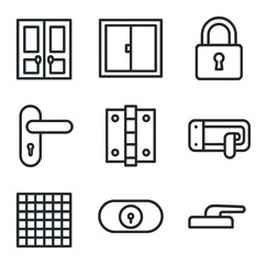 Door and Window Icons. Outline icon set of door and window fittings: double door, sliding window, padlock, door handle, hinge,