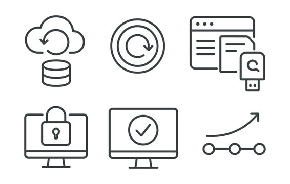 Line style icons of cybersecurity and privacy: backup and recovery icon, restore point badge, data rollback panel, recovery drive layout, archive vault screen, backup success status, restore timeline