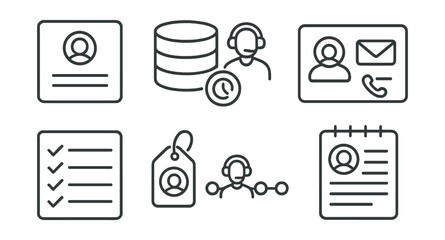 Line style icons of customer service: customer profile card, CRM data icon, ticket history log, contact details panel, past issue list, personalized service tag, customer timeline icon, notes from