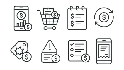Line style icons of personal finance: expense tracking icon, shopping cart with receipt, daily spending log, recurring payment symbol, unexpected cost tag, budget overrun alert, categorized expense