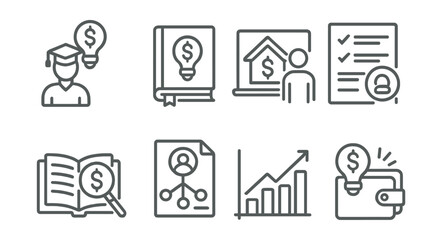 Line style icons of personal finance: financial literacy icon, money tips book, home finance lesson, budgeting worksheet, learn about interest, debt management plan, smart finance chart, spending