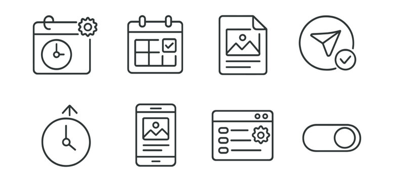 Line style icons of social media content: content scheduler icon, planned post calendar, draft post file, scheduled send badge, upcoming publish symbol, post preview screen, queue manager icon,