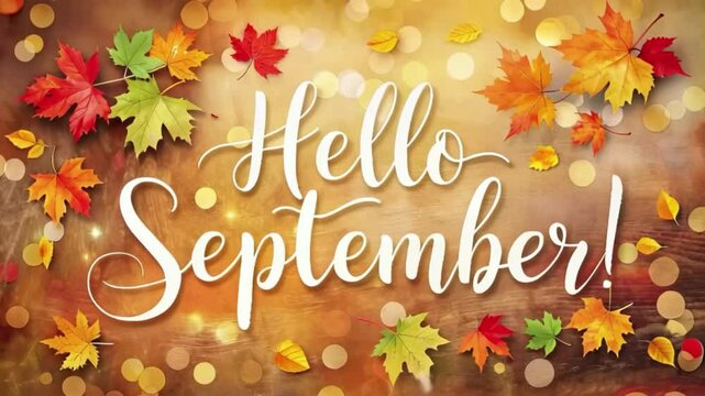 Hello September - Inspirational happy fall, autumn beautiful handwritten quote, gift tag, lettering message. Hand drawn autumn, September phrase.Handwritten modern brush calligraphy.Happy Thanksgiving