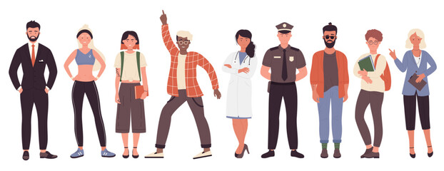 Different job or hobby people vector illustration set. Cartoon flat collection with man woman worker group of characters in uniform, businessman policeman doctor fitness trainer isolated on white