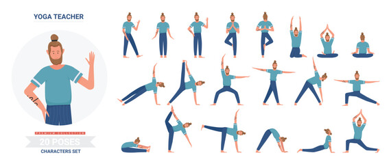 Yoga teacher poses vector illustration set. Cartoon flat yogist man character doing yogi asana exercise, meditating, sitting in lotus posture, infographic relaxation activity routine isolated on white