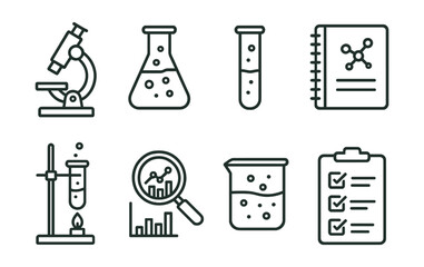 Line style icons of scientific research: microscope, chemical flask, test tube, lab notebook, experiment setup, magnifying glass on data, beaker with solution, research checklist.