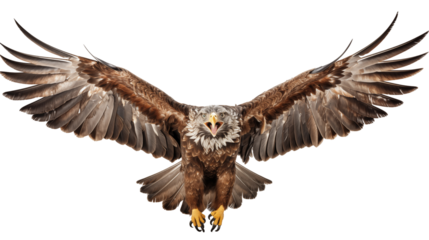 Brown eagle wings spread, bird of prey in flight, powerful wildlife art, hawk raptor nature image, isolated on transparent background.