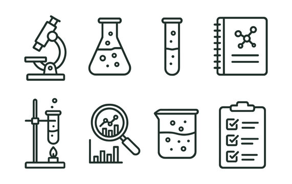 Line style icons of scientific research: microscope, chemical flask, test tube, lab notebook, experiment setup, magnifying glass on data, beaker with solution, research checklist.