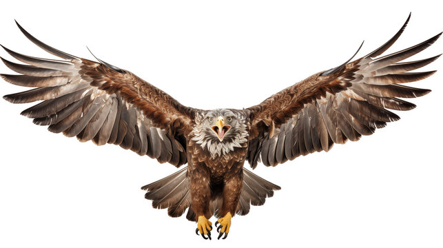 Brown eagle wings spread, bird of prey in flight, powerful wildlife art, hawk raptor nature image, isolated on transparent background.