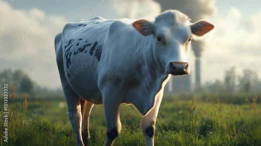 Poster A cow grazing in a green field with a factory visible in the distance