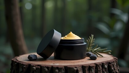 Natural Men’s Skincare Balm in Black Jar on Wooden Surface
