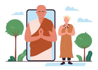 Buddhism online service for zen meditation vector illustration. Cartoon flat man character meditating online with buddhist monk, using video call smartphone app, religious technology isolated on white