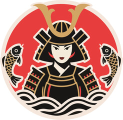 Vector Illustration of Female Samurai Warrior with Koi Fish and Waves in Japanese Style