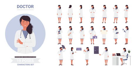 Doctor woman poses vector illustration set. Cartoon smiling female character wearing uniform with medical bag and stethoscope working, girl medicine staff posing in work postures isolated on white