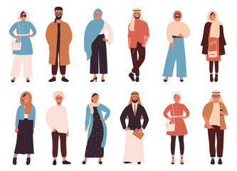 Muslims fashion vector illustration set. Cartoon flat Arabic fashionable modern clothes style for Muslim woman and man, female characters in hijab, male Arab saudi clothing isolated on white