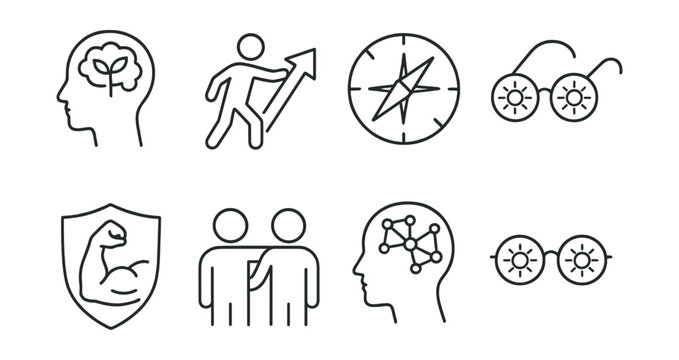 Line style icons of productivity mindset: growth mindset icon, proactive attitude symbol, resilience icon, self-discipline badge, accountability partner, clarity compass, belief system, optimistic