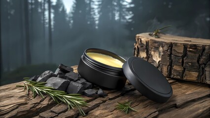 Natural Men’s Skincare Balm in Black Jar on Wooden Surface