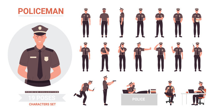 Policeman poses vector illustration set. Cartoon police officer man character working in office or street, cop guard person wearing uniform posing in work or rest postures collection isolated on white