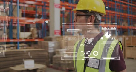Warehouse supervisor entering shelves and activating holographic charts tracking inventory metrics - Powered by Adobe