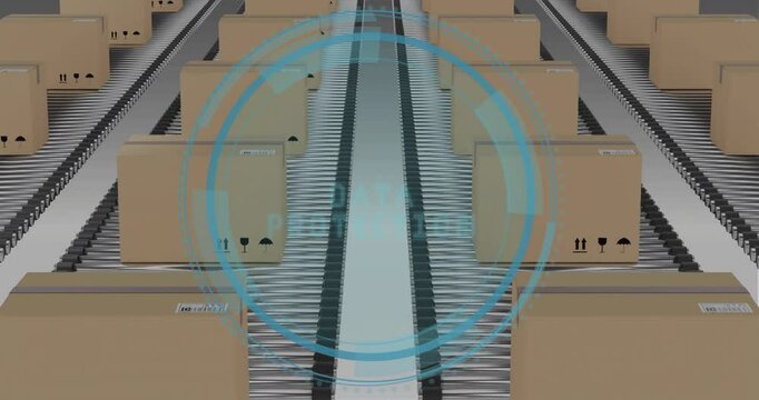 Starting conveyor moving, DATA PROTECTION text fading, pulsing scanning rings crossing moving boxes