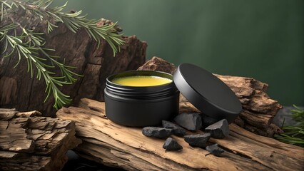 Natural Men’s Skincare Balm in Black Jar on Wooden Surface