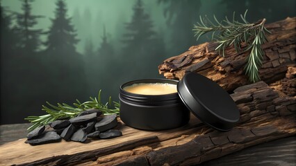 Natural Men’s Skincare Balm in Black Jar on Wooden Surface