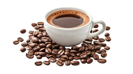 A white cup of coffee surrounded by roasted coffee beans on a white background.