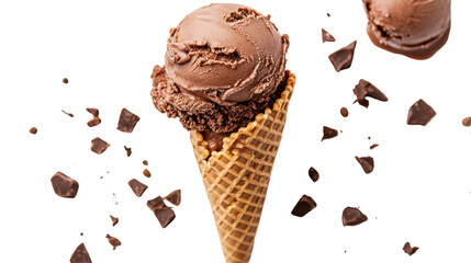 Chocolate ice cream scoop in a waffle cone with chocolate chunks, white isolated background.