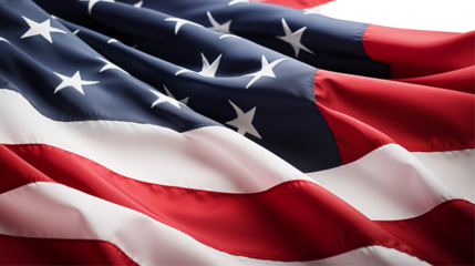 Waving American flag fabric, red-white-blue texture, patriotic banner, national symbolism background, isolated on transparent background.