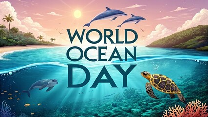 World Oceans Day, Artistic scene showing clean ocean ecosystem filled with tropical aquatic species.