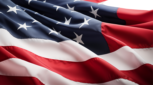Waving American flag fabric, red-white-blue texture, patriotic banner, national symbolism background, isolated on transparent background.