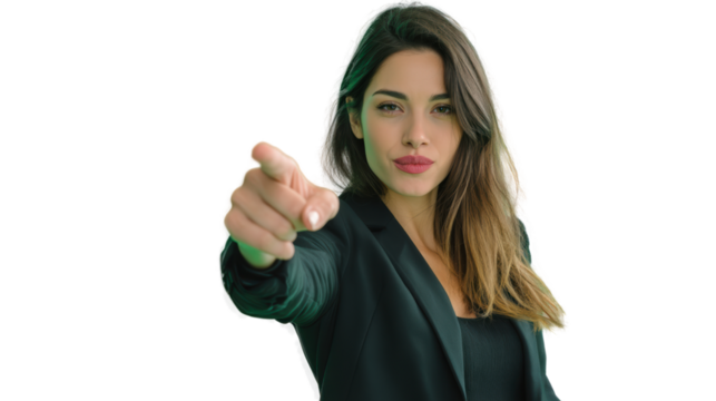Confident businesswoman pointing forward with determination and purpose. - Powered by Adobe