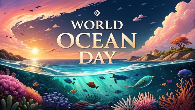 Dolphins and sea turtle swimming joyfully beneath sunset for World Ocean Day. - Powered by Adobe