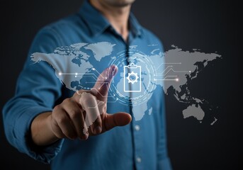 Man touching digital interface with world map and automation settings icon